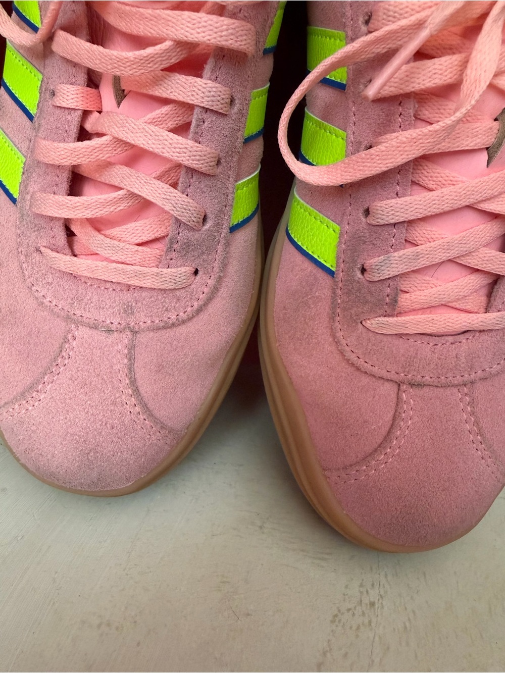 Adidas Pink & Neon Green Suede Platform Sneakers - Picture 3 of 8